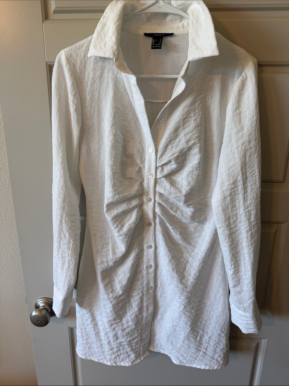 Forever 21 White Ruched-Front Button Down Dress